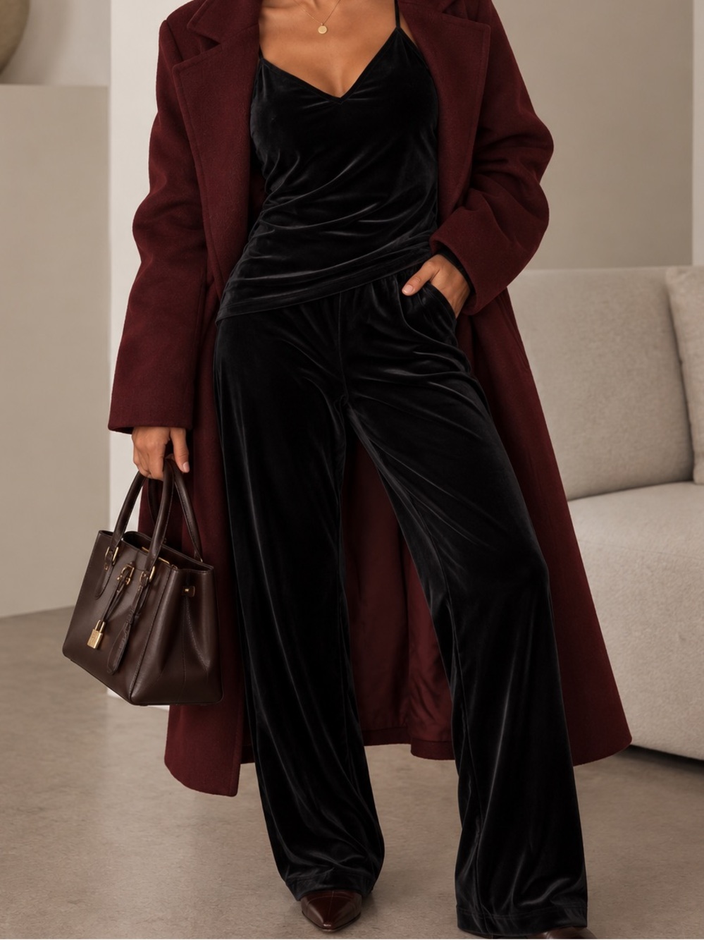 Velvet Straight-Leg Pants with Tank - Black